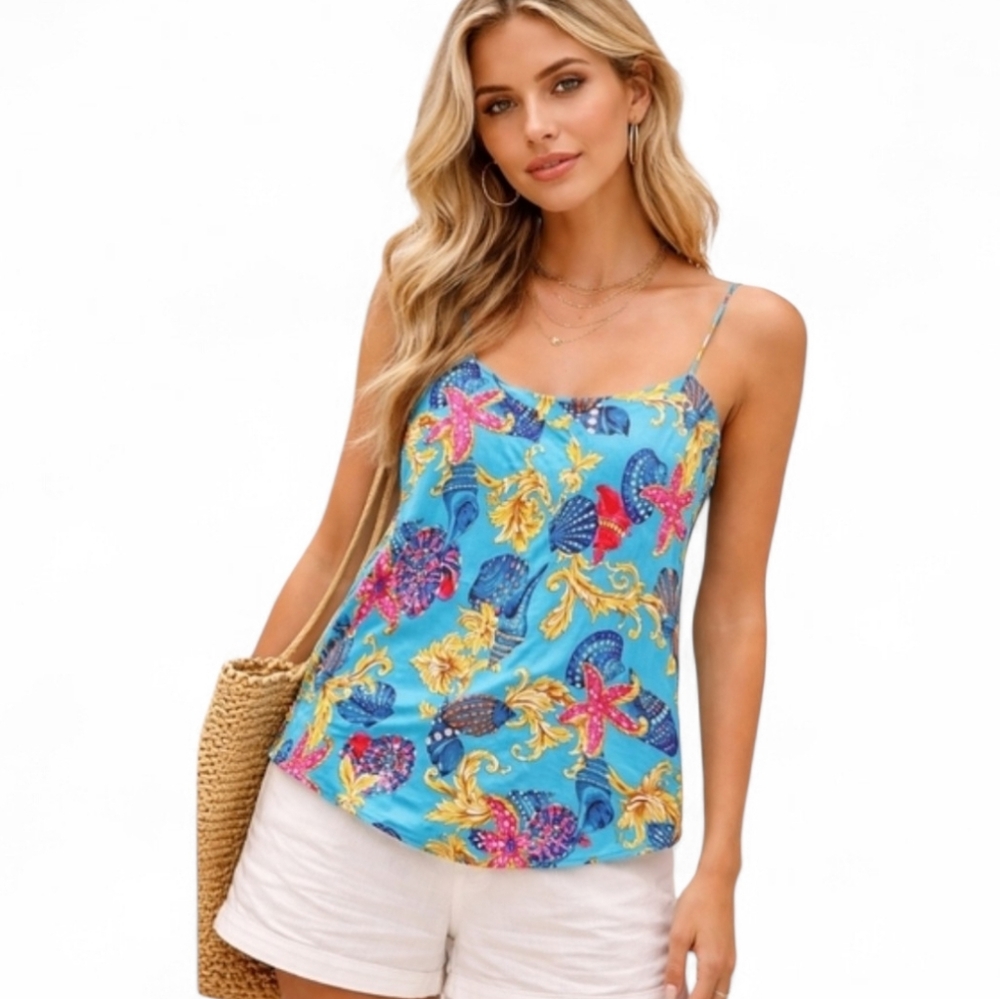 Sarah Spencer Silk Turquoise Coastal Print Camisole Tank Top Mini Slip Dress